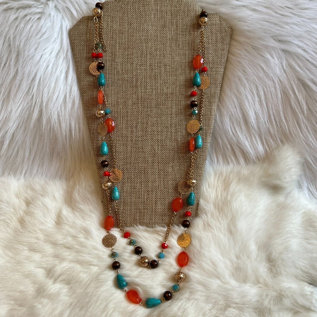 Charming Charlie Southwestern Orange Blue Necklace Gold Tone Adjustable 11187